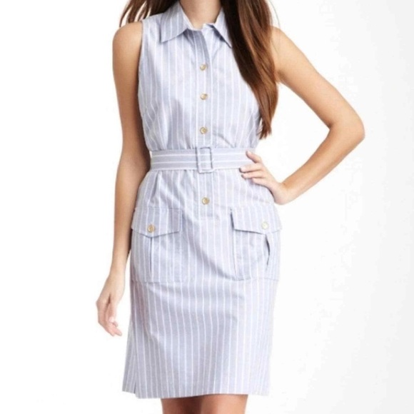 J. Mclaughlin Sleeveless The "Sun City" Khaki Dress Light Blue Striped Collared - Picture 1 of 8